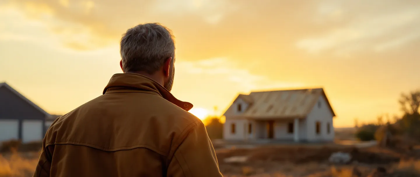 A business owner seen from behind, watching his crew frame a house at sunset
