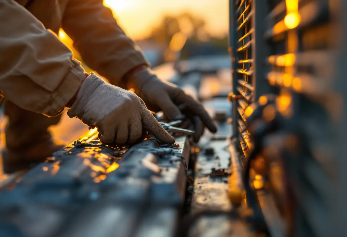 Technician's gloved hands servicing a rooftop condenser at sunrise